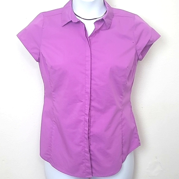Button Up Top blouse Tailored Purple Short sleeve no wrinkle Collar cotton blend - Picture 1 of 5